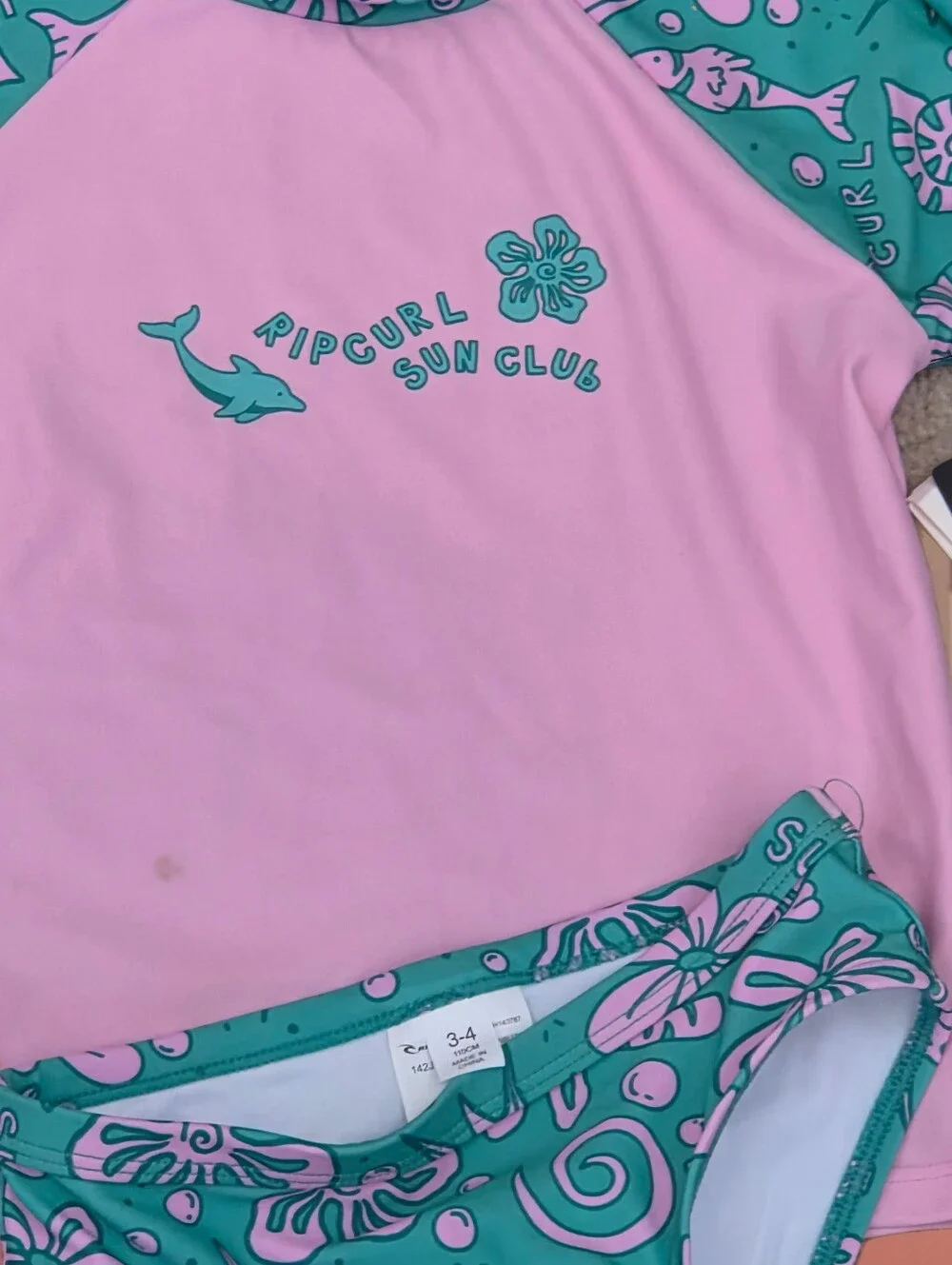 Rip Curl Kids Girls Pink Floral Rash Guard Swimsuit Set Girls 3-4